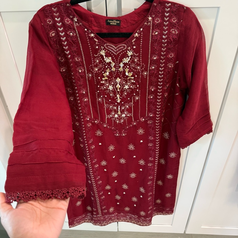 Red Agha Noor Pakistani Three Piece Set